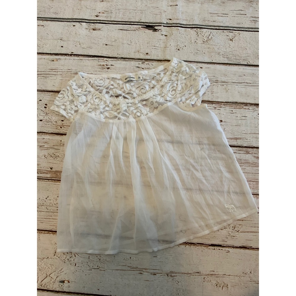 Abercrombie Kids Girls Large White Lace Yoke Chiffon Babydoll Top Cap Sleeve L